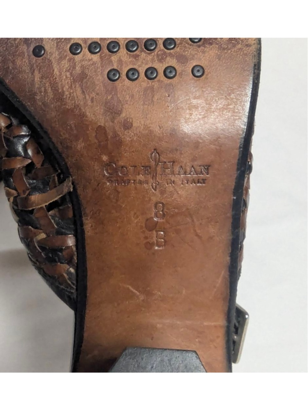 Cole Haan Italy Woven Leather Slingback Heels Brown Black Size 8 - Picture 8 of 9